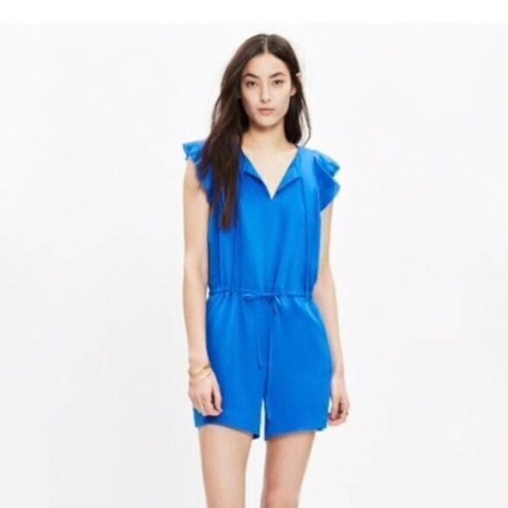 MADEWELL Blue Ruffle Petal Play Sleeve Romper XSMALL